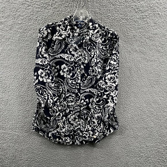 Chaps Womens Top Medium Black White Floral 100% Cotton Long Sleeve Button‎ Front - Picture 1 of 8